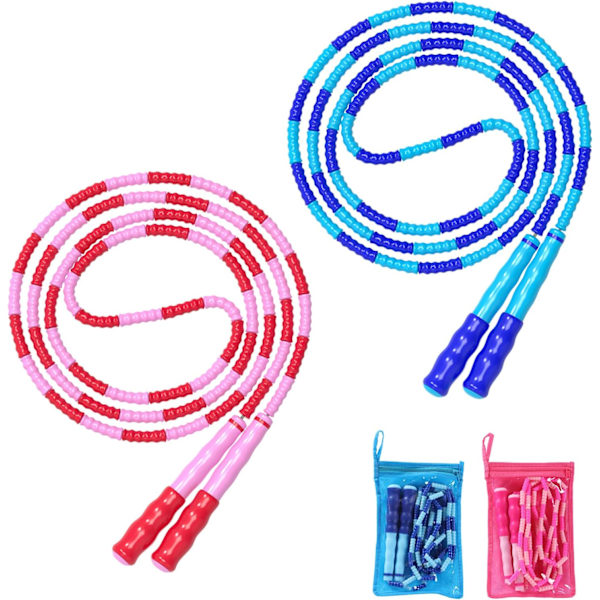 Hoppetau, justerbar lengde flokefri segmentert myk perlet hoppetau, treningshoppetau for barn, mann og kvinner vekttap 9,2 fot Pink Blue