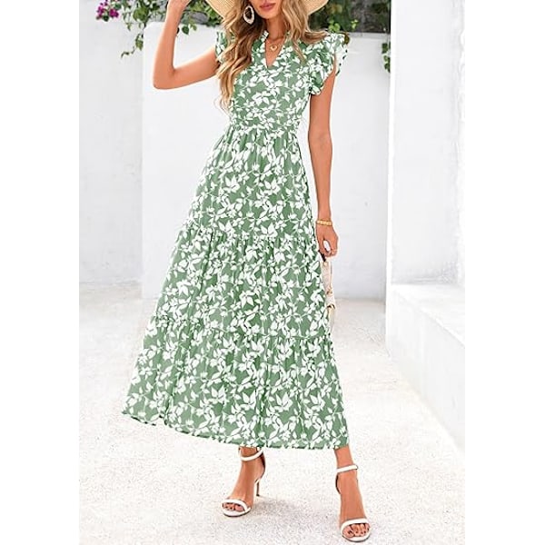 Dame 2025 Sommer Blomstret Midi Kjole Korte Ærmer V-Hals Flæse Lang Flydende Boho Afslappet Strand Ferie Kjoler XL