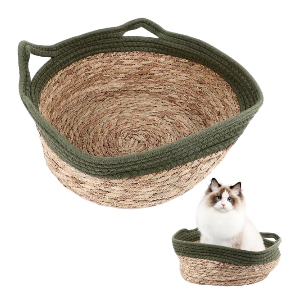 Halmkattbo Handvävd ventilerande mjuk kattsäng Rund repsäker kattbo för fyra säsonger grön och halmkorg L