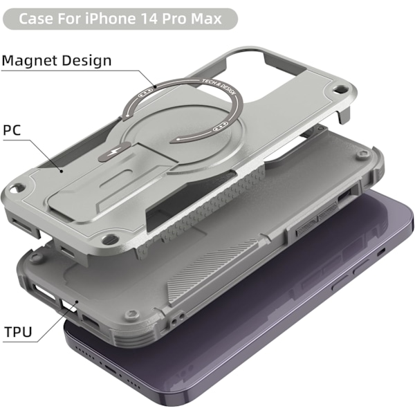 Magnetiskt iPhone-fodral med stativ, kompatibelt med MagSafe, robust inbyggt stativ, militärklassat fallskydd stötsäkert för iPhone Grey iPhone 15 Pro Max