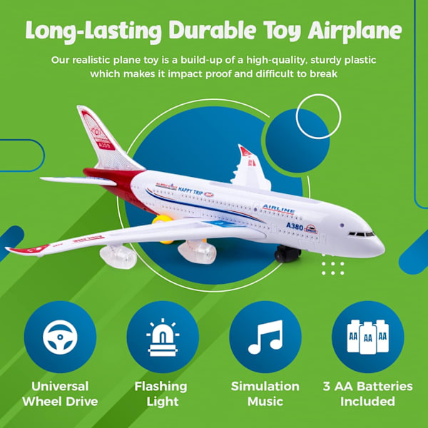 Leksaksplan för barn, Bump and Go Action, Leksaksplan med LED-blixtljus och ljud för pojkar och flickor 3-12 år (Airbus A380)