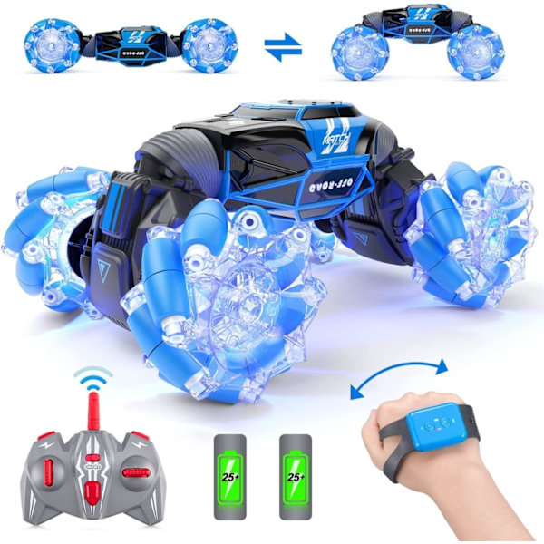 LED-fjärrkontrollbil, 4WD 2,4 GHz geststyrning Rc Stuntbil, dubbelsidig 360° roterande transformer terrängbil med ljus, leksaksbilar för pojkar och flickor Blue