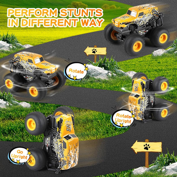 Fjärrkontrollbil, 2,4 GHz terränggående monstertruckleksaker, RC-lastbil med musik, 3 ljuseffekter, 360 stuntförmåga, leksakspresenter till pojkar och flickor Yellow