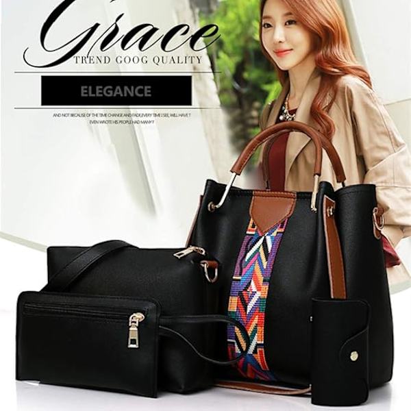 Dames Handtas Set 4 in 1 Zacht PU Leer Top Handvat Tas, Tote Tas, Schoudertas Crossbody Tas Portemonnee Portemonnee Set Black