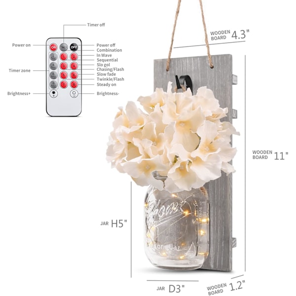 Dekorativa Mason Jar Väggdekor - Rustika Vägglampor med 6-timmars Timer LED-Fe-ljus och Blommor - Gårdsinredning (Set om 2)