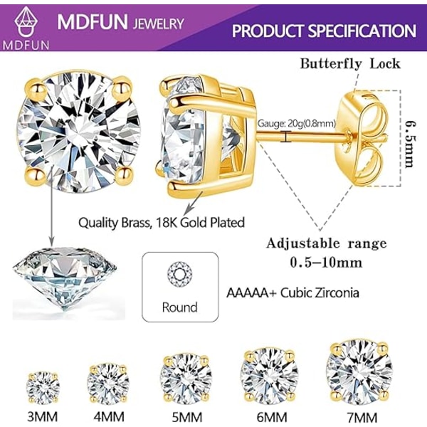 5 Par Örhängen Set 18K Guldpläterade 3-7MM Runda Cubic Zirconia Örhängen Hypoallergena Örhängen för Kvinnor