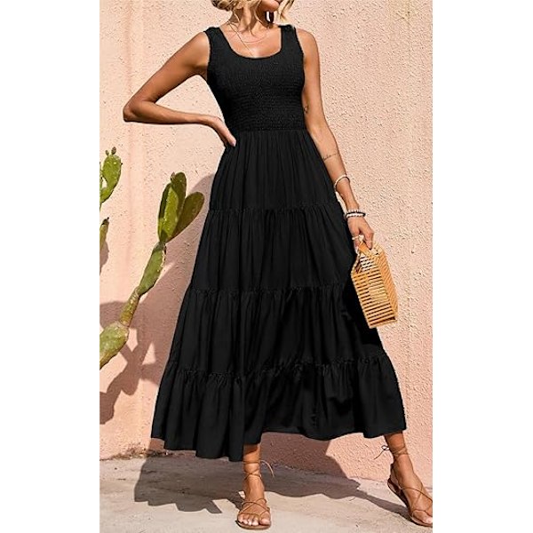 Dame 2025 Casual Løs Ensfarget Maxi Sommerkjole Smock Tank Kjole Ermeløs Sommer Strand Lagdelt Lange Kjoler XXL