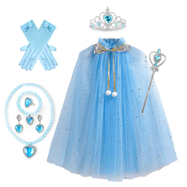 Prinsesse Tyll Kappe med Krone Halskjede Armbånd Tryllestav Prinsesse Kle Deg Ut Klær for Små Jenter Småbarn Light blue S(65CM)