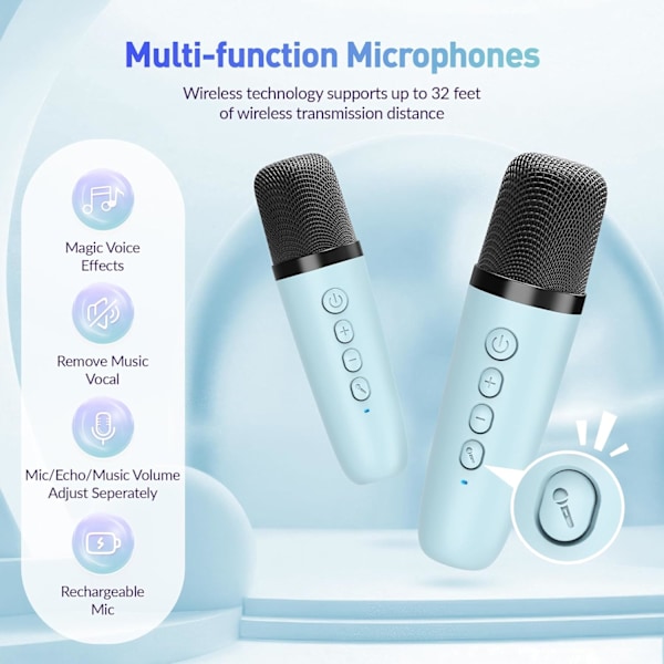 Mini Karaoke-laite, kannettava Bluetooth-karaokekaiutin 2 langattomalla mikrofonilla ja juhlavaloilla lapsille ja aikuisille, syntymäpäivä blue