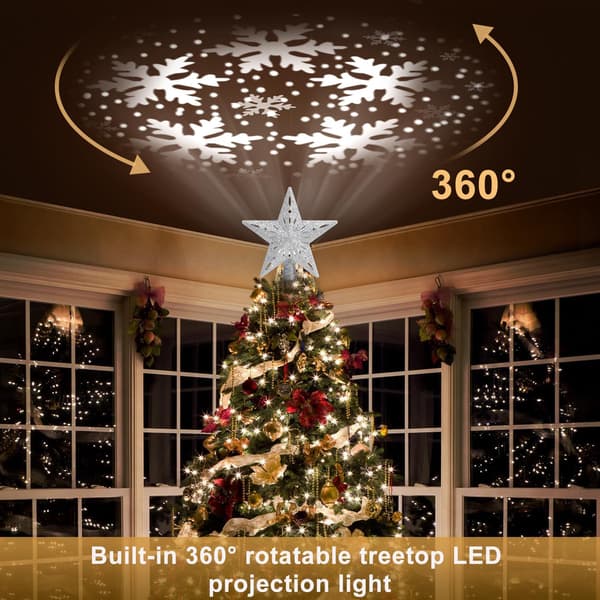 3D Glitter Juletrestjerne Topp - 6 LED Roterende Projiserte Mønstre, Belyst Julepynt og Gave til Fester Silver