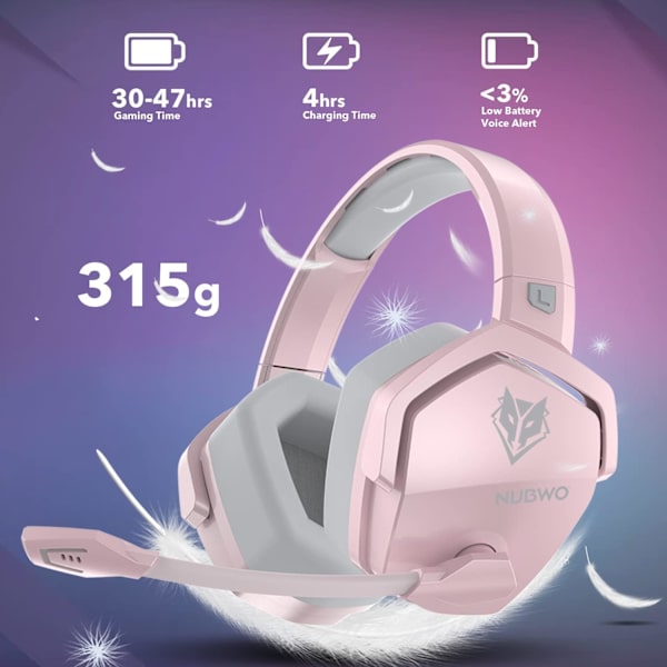 G06 Trådløst Gaming Headset med Krystallklar Mikrofon for PS5, PS4, PC og Switch, 47-timers Batteri, Ergonomisk Design (Rosa) Pink