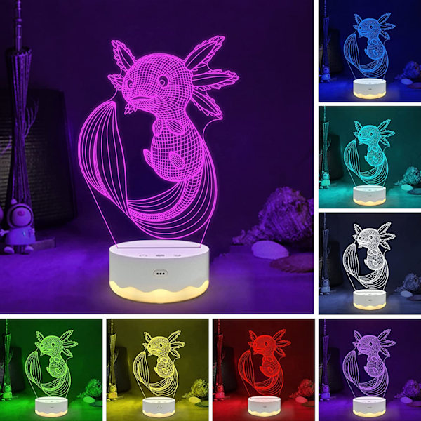 Axolotl Nattlampa, 3D Illusionslampa med Fjärrkontroll + Touch 16 Färger Blinkande Växlande + Timer Skrivbordslampor Barnrumsdekoration Bästa Festivalfödelsedagspresenter