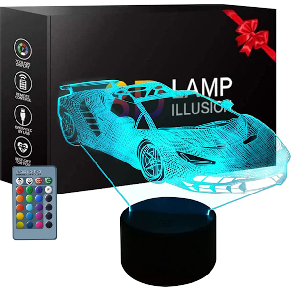 3D Illusionslampe Barnas sportsbil 3D lampe 16-farget variabel nattlys med fjernkontroll Fest, barnegavene, romdekorasjonslys