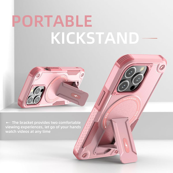 Magnetiskt iPhone-fodral med stativ, kompatibelt med MagSafe, robust inbyggt stativ, militärklassat fallskydd stötsäkert för iPhone Pink iPhone 15 Pro Max