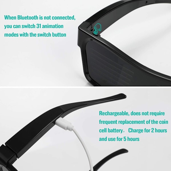 LED-glasögon, Bluetooth APP-anslutna LED-display Smart Glasses USB-laddningsbara DIY Funky Eyeglasses för festklubb DJ Halloween Jul(Text, Graf