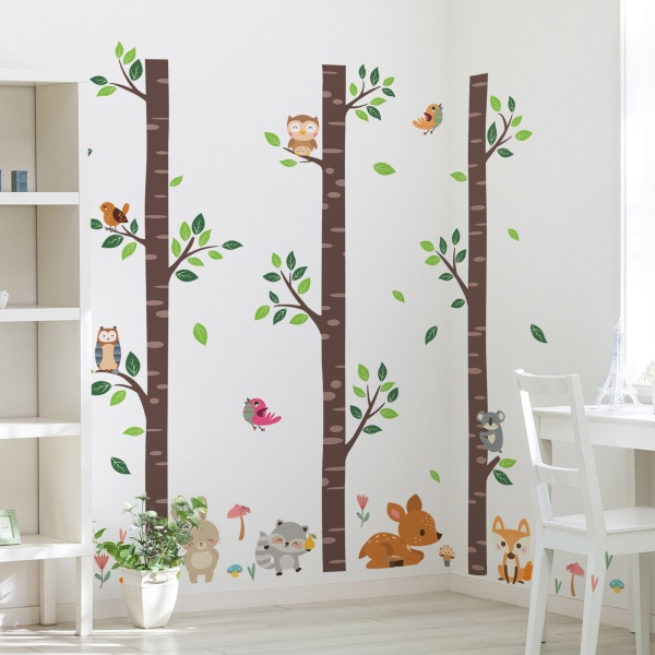 Store birketræ og skovdyr vægklistermærker til babyværelse, børneværelse, stue, vægdekoration