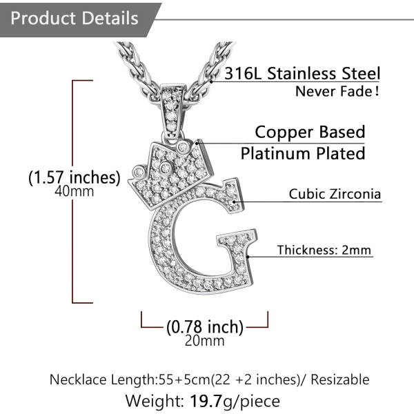 Krona Initial A-Z Halsband, Iced Out Letter Hänge med 22-24 Tums Kedja, Män Kvinnor Bling Hip Hop Alfabet Namn Smycken Present Stora Initialer Halsband G Silver