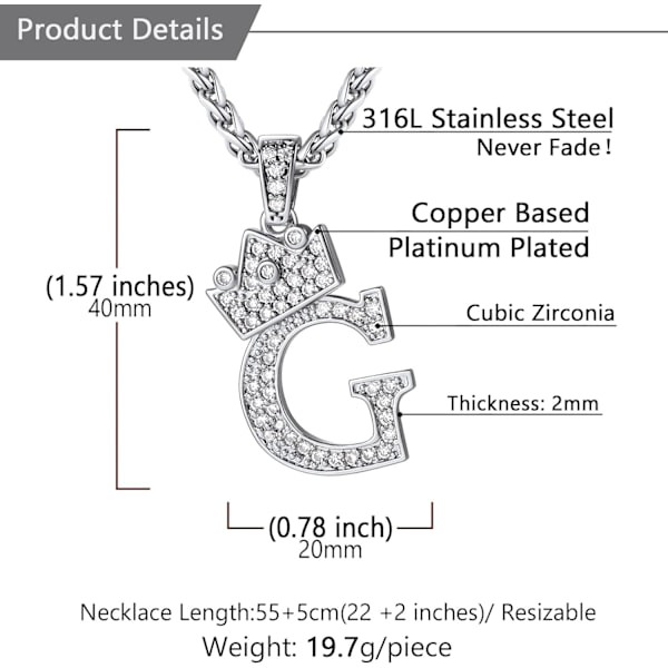 Krone Initial A-Z Halskæde, Iced Out Bogstav Vedhæng med 22-24 Tommer Kæde, Mænd Kvinder Bling Hip Hop Alfabet Navn Smykker Gave Store Initialer Halskæder G Silver