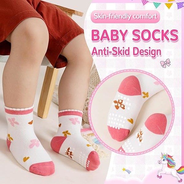 Babyflickor Gripsockor Barn Anti-Halk Toddler Spädbarn Halksäkra Bomullsstrumpor 12 Par C 3-5T