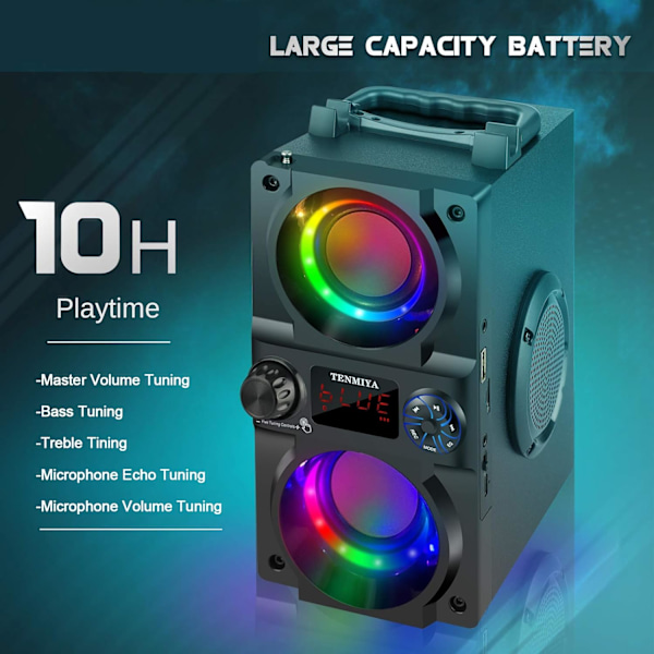 Bluetooth Højttaler, 40W (60W Peak) Bærbar Trådløs Højttaler med Farverige Lys, Dobbelt Subwoofer Tung Bas, FM Radio, MP3 Afspiller,