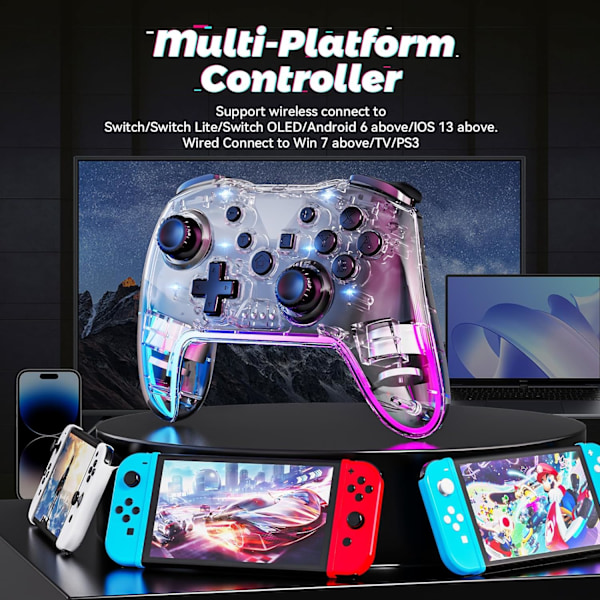 Trådlös Switch Pro-kontroller för Nintendo Switch-kontroller/Lite/OLED/Windows/iOS/Android, 7-färgad justerbar RGB-belysning Switch Remote Gamepad med