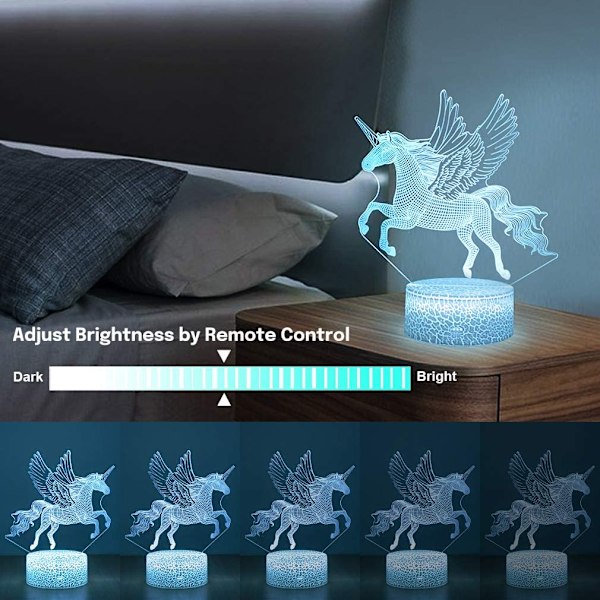 3D Illusion Lampa Enhörning, 3D Flygande Enhörning Nattlampa Fjärrkontroll Skrivbordslampa 16 Färgväxlande Färger Födelsedagspresenter Nattlampor för Flickor Ki