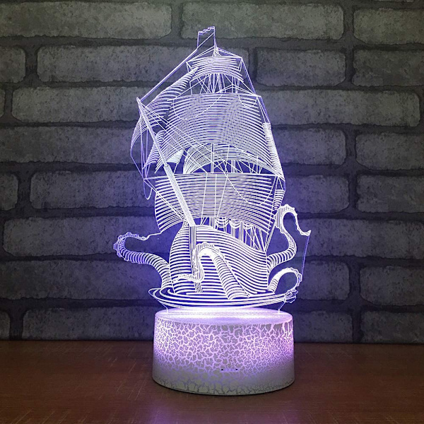 Nattlampa Segelbåt Färgglad Färgglad Bordslampa 3D-lampa Vit B