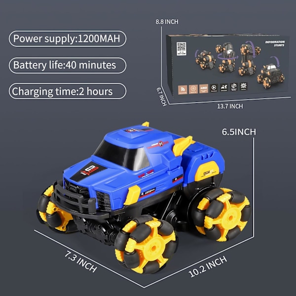 Radiostyrd Bil för Pojkar, Stunt RC-Bilar, 360° Rotation, En-Knappig Automatisk Transformation, 180° Rotering Fram, 2.4GHz 4WD Väg RC Lastbil för Barn Blue