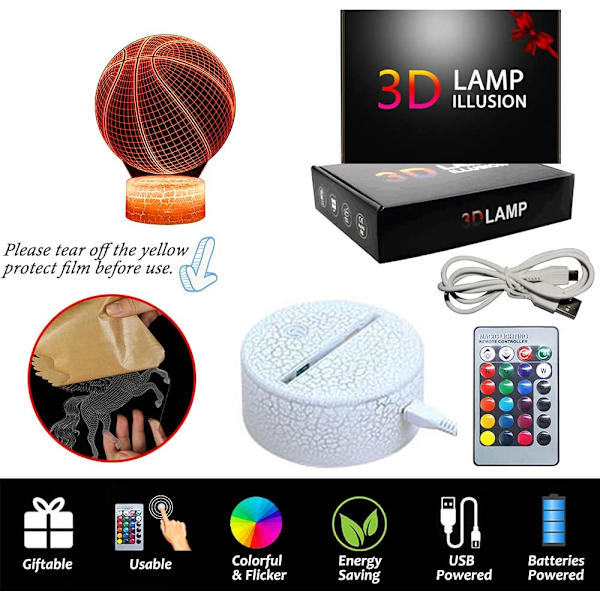 Basketball nattlys, 3D LED illusjonslampe med fjernkontroll