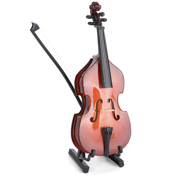 Miniatyr Musikinstrument Trä Basgitarr Modell Dockhus Dekoration med Fodral och Stråke
