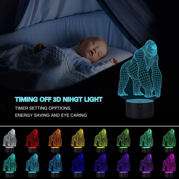 3D Gorilla Lampa Stämningslampa 16 Färger Barnkammare Nattljus Illu