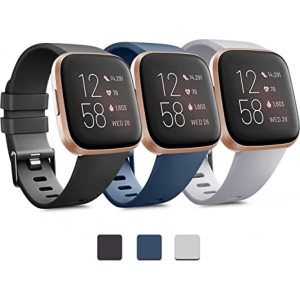 PAKETTI 3 Pehmeää Silikoniranneketta Fitbit Versa 2 / Fitbit Versa / Fitbit Versa Lite Classic - Säädettävät Urheilurannekkeet Naisille ja Miehille Pieni ja Suuri (Ilman Seuraajaa)