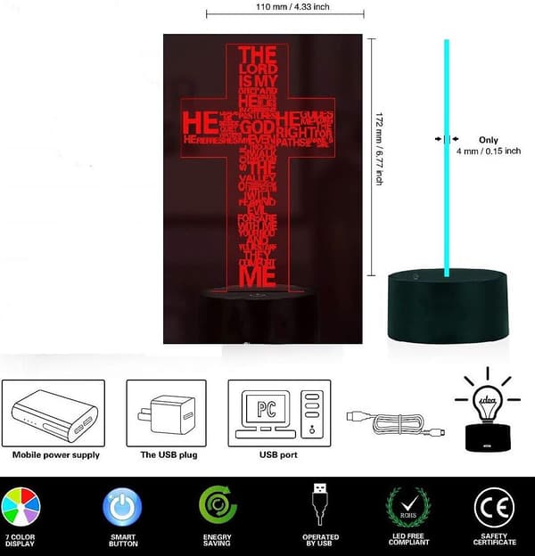 3D Illusion Jesus Kors Natlampe, 7 Farver Gradvis C