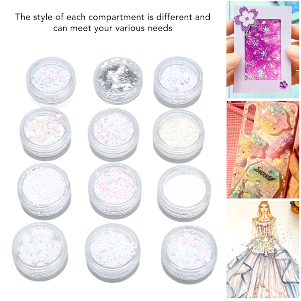 12 rutnät glitter paljetter set handgjorda DIY nagelkonst glitter paljetter dekaler set 3D nagelkonst dekorationer White