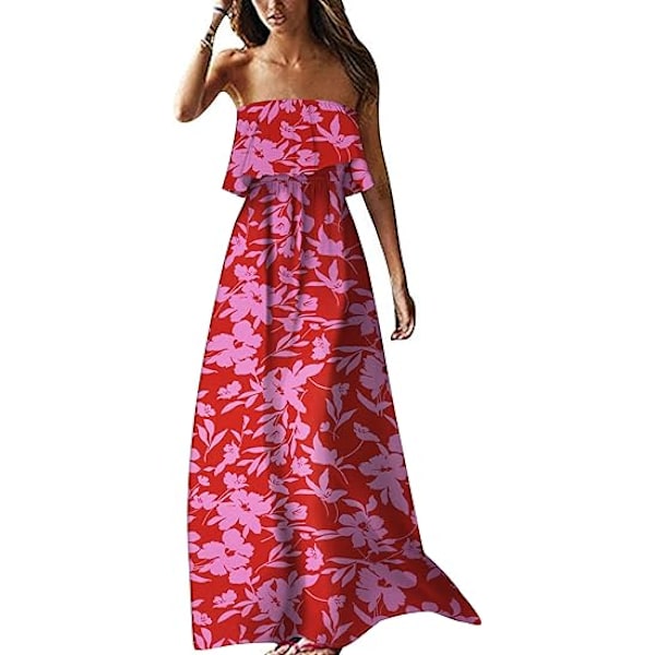 Dam Sommar Off Shoulder Maxiklänning Volang Axelbandslös Blå Vit Porslin Boho Ledig Lång Klänning L
