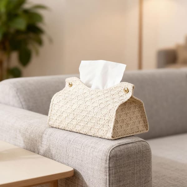 Beige vävd rektangulär vävnadslåda i konstläder, servettdispenser för hem, hotell, bilinredning Beige