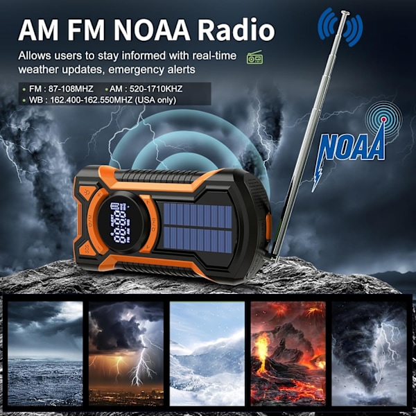 Nødvejrradio, Vandafvisende Bluetooth Bærbar AM/FM/NOAA Vejrradio, 5000mAh USB Håndsving Solradio, Telefonoplader, Lommelygte, SOS Orange