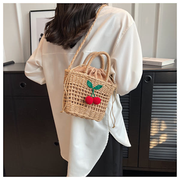 Lille halm spand tasker til kvinder sommer crossbody tasker dame rejse pung og håndtasker kvindelige skulder messenger taske khaki cherries