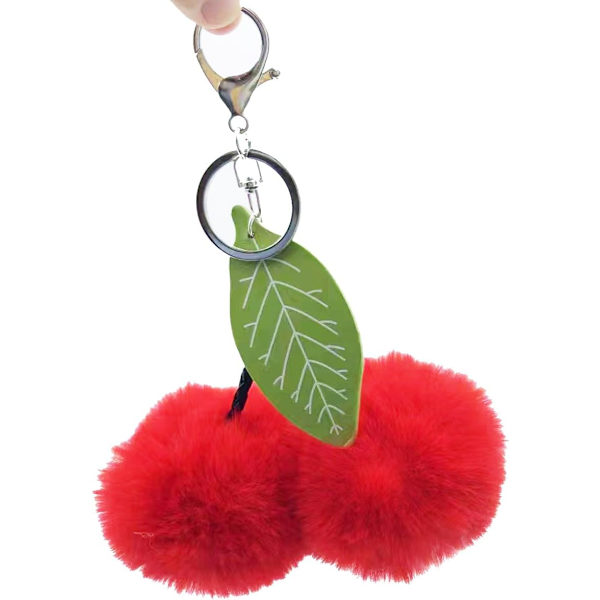 Pom Pom Nøkkelring Kunstig Pels Ball Nøkkelringer Fluffy Tote Anheng Bil Veske Sjarme Cherry Red