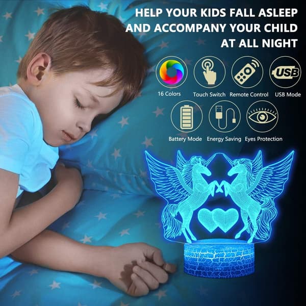4 stk. 3D Enhjørning Natlampe, DDDNIGHTLIGHT Led Illusion Lampe