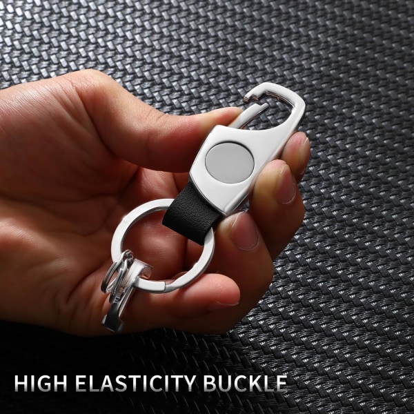 Karabinhage nøglering, nøgleringe til bilnøgle med 2 nøgleringe og anti-tabt D-ring, multifunktionelle nøgleringe til mænd og kvinder-sølv (sort læder) Silver Black Leather