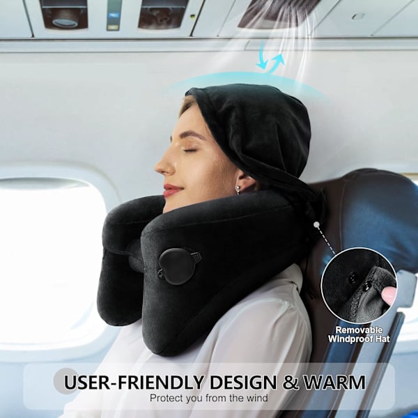 Nackkudde för resor Uppblåsbar flygplansdyna Stöder bekvämt huvud, nacke och haka, uppblåsbar resedyna med mjuk velouröverdrag, hatt, bärbar Premium Black with Hat