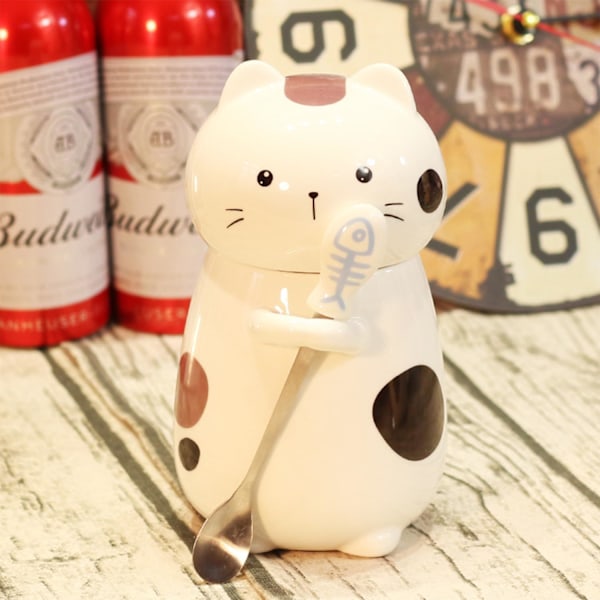 Kattekrus med låg, sjovt kaffekrus, kop 400 ml, kattegave, keramisk tekrus med ske, te-kaffekop, julekrus, fødselsdagsgave # C Cat cup with lid and spoon