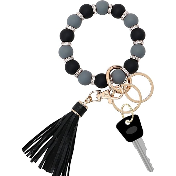Silikon nøkkelring armbånd for kvinner, elastisk perlearmbånd nøkkelring med zirkon og dusk til morsdaggave Black