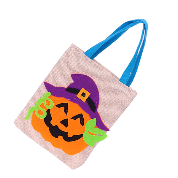 Tote Bag Linne Söt Livlig Förvaringsväska för Halloween Dekoration Fest Show Klädsel Lila Hatt Pumpa Beige