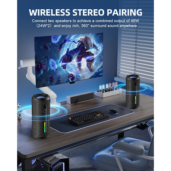 Bärbar Bluetooth-högtalare - IPX7 Vattentät, Trådlös Stereoparning, 25 timmars speltid, 24W Högt ljud, Bluetooth 5.3, Basförstärkning, Black
