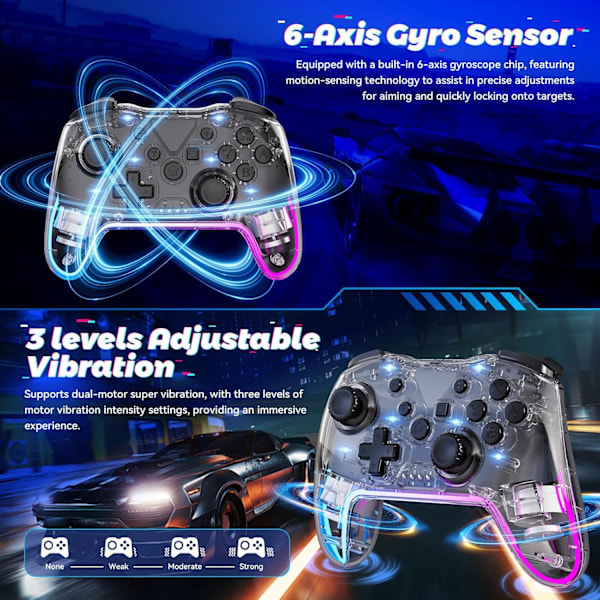Trådlös Switch Pro-kontroller för Nintendo Switch-kontroller/Lite/OLED/Windows/iOS/Android, 7-färgad justerbar RGB-belysning Switch Remote Gamepad med