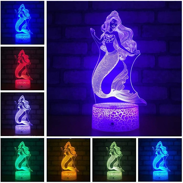 Havfrue 3D Lampe Nattelys for Barn med Smart Berøring & Fjernkontroll 7 Farger + 16 Farger Skiftende Dimbar Havfruegaver