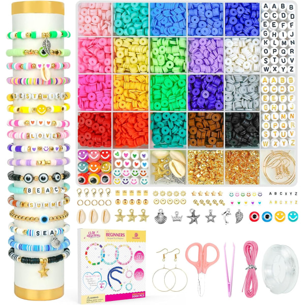 5000 stk leireperler armbånd lage sett for nybegynnere, Heishi flat preppy polymer leireperler med charms sett for smykkefremstilling, DIY kunst og håndverk B