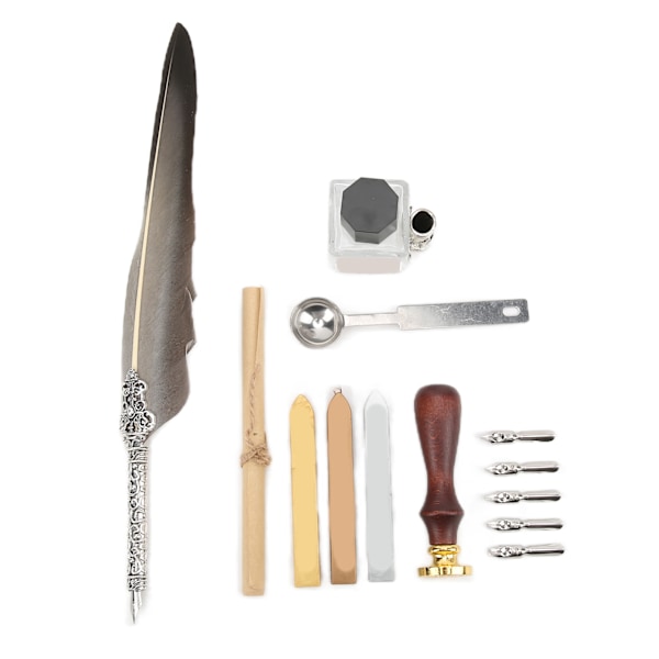 Fjäderpenna Set Mjuk Skrivande Retro Design Snidning Utseende Kalligrafi Penna Kit för Skrivning PresentSFDPS038031 Spetsig Grå Fjäder